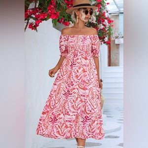 Smocked Print Off The Shoulder Maxi Dress